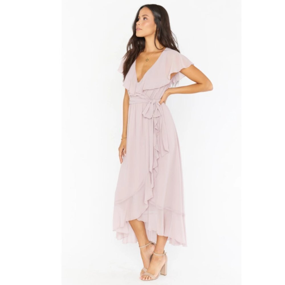 Jess Ruffle Midi Dress by MUMU, Size Medium, Neutral Mauve